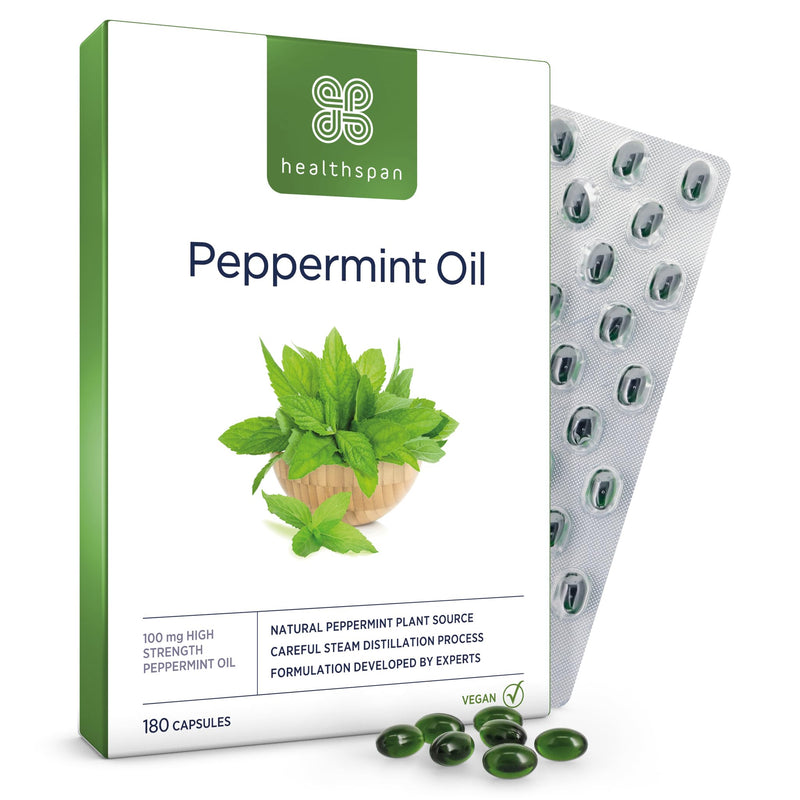 Healthspan High Strength Peppermint Oil 100mg (180 Capsules) | Helps to Support a Healthy Digestion | One-A-Day & Easy to Swallow Capsule | Vegan