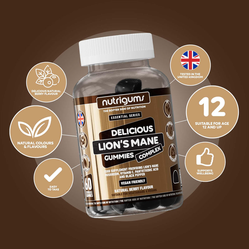 Lion's Mane Mushroom Gummies 2500mg High Strength | 60 Vegan Brain & Focus Supplements | with Vitamins & Black Pepper Extract | Mental Performance & Tiredness Support | Berry Flavour by NUTRIGUMS®