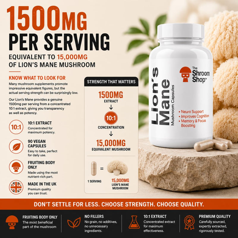 Lion's Mane Mushroom Capsules | 15,000mg Per Serving | 30% Polysaccharides | 10:1 Extract Ratio | 90 x 500mg Capsules | Vegan Friendly