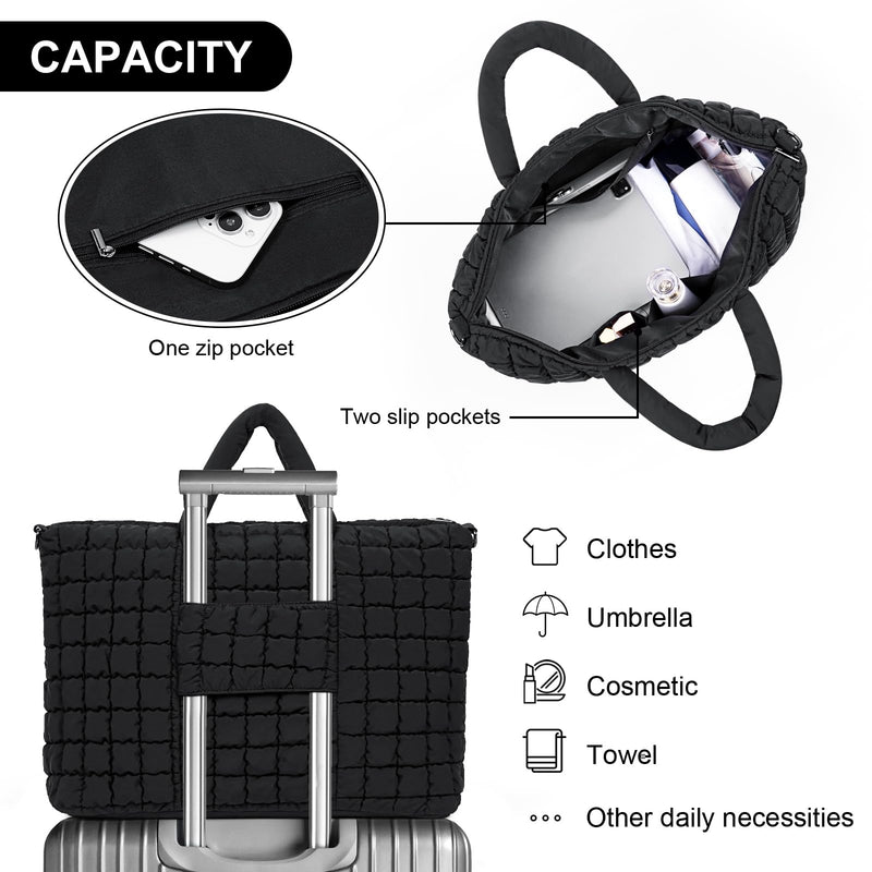 Quilted Duffle Bag for Travel, Large Puffer Duffel Weekender Bags Soft Gym Tote, Big Puffy Carry on Luggage Overnight Black