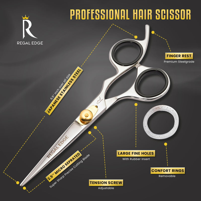 Hair Cutting Scissors - 6.5” Japanese Stainless Steel Professional Hair Scissors - Razor Edge Barber Scissors with Golden Tension Screw, Comb and Cloth - Hair Shears For Man Woman Adults Kids Babies