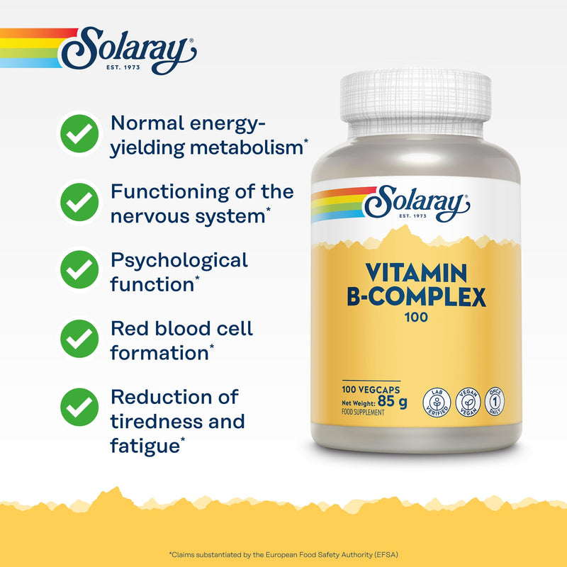 Solaray Vitamin B Complex "100" Super Strength - 100 Vegan Capsules - 3+ Month Supply - High Potency Vitamin B1, B2, B3, B5, B6, B7, B9 & B12 - Lab Verified