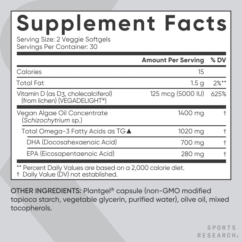 Sports Research® Vegan Omega-3 Algae Oil 1400mg w/Vegan D3 5000iu, 60 Count | 2-in-1 Fish Oil Alternative with Plant-Based Vitamin D
