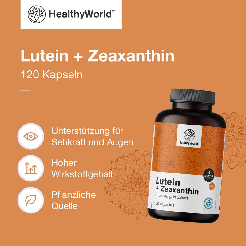 [Australia] - HealthyWorld® Lutein + Zeaxanthin - 120 vegetable capsules - 2 natural carotenoids - 32 mg lutein and 2 mg zeaxanthin per daily dose - for 2-4 months - support for vision and eyes 