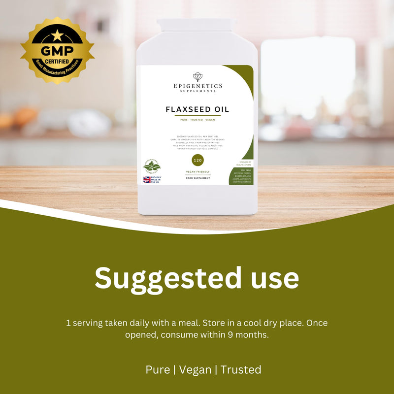 Flaxseed Oil 3000mg | Organic Flax Seed (Linum Usitatissimum) | 120 Vegan Friendly Softgel Capsules UK Made | 1.3 Months Supply by Epigenetics Supplements
