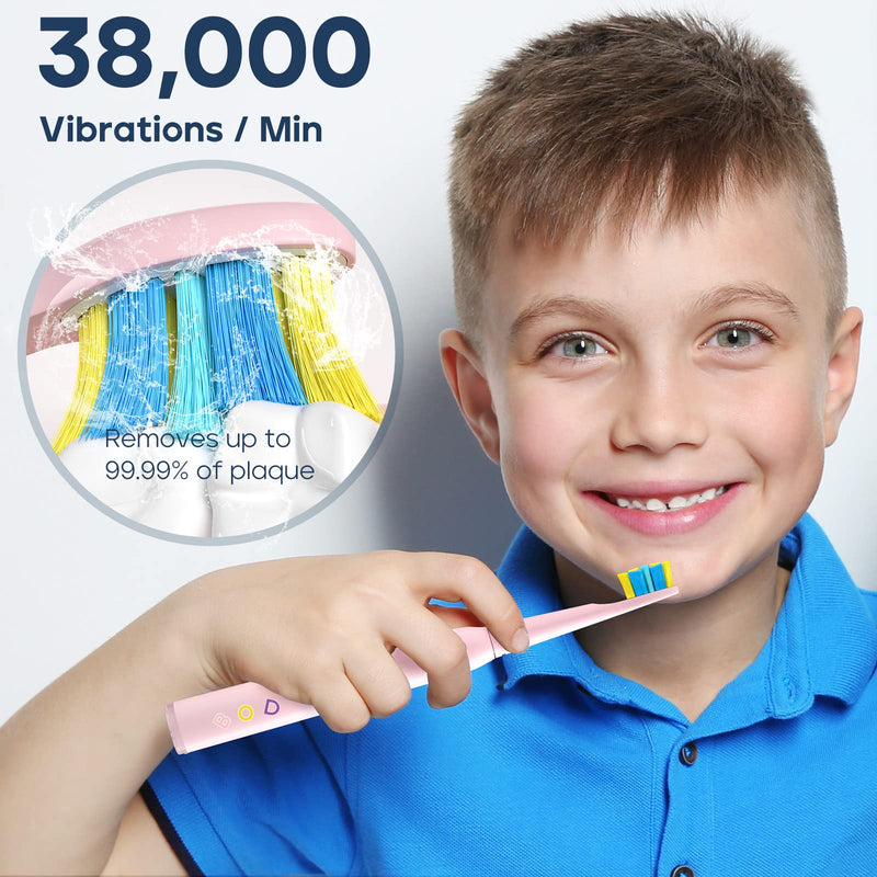 [Australia] - SEAGO Kids Electric Toothbrush, Sonic Soft Bristle Rechargeable Toothbrushes with DIY Stickers, 5 Modes, includes 4 Replacement Brush Heads, Ages 3 to 12 Years Old (Pink) Pink 