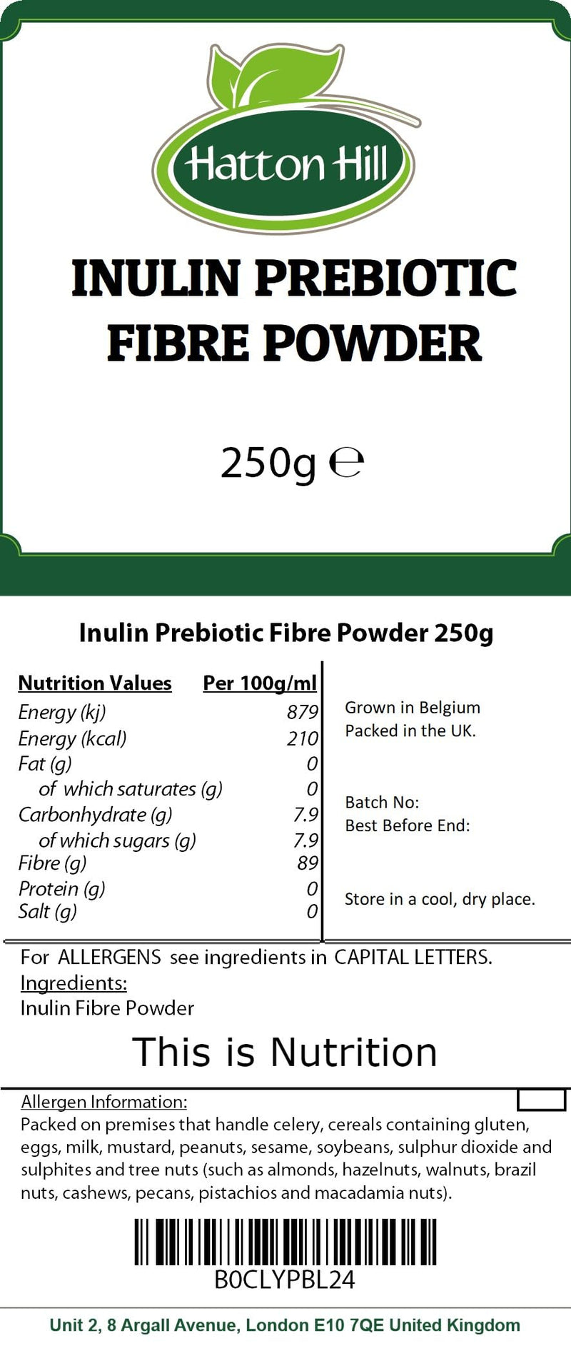 Inulin Prebiotic Fibre Powder 250g by Hatton Hill