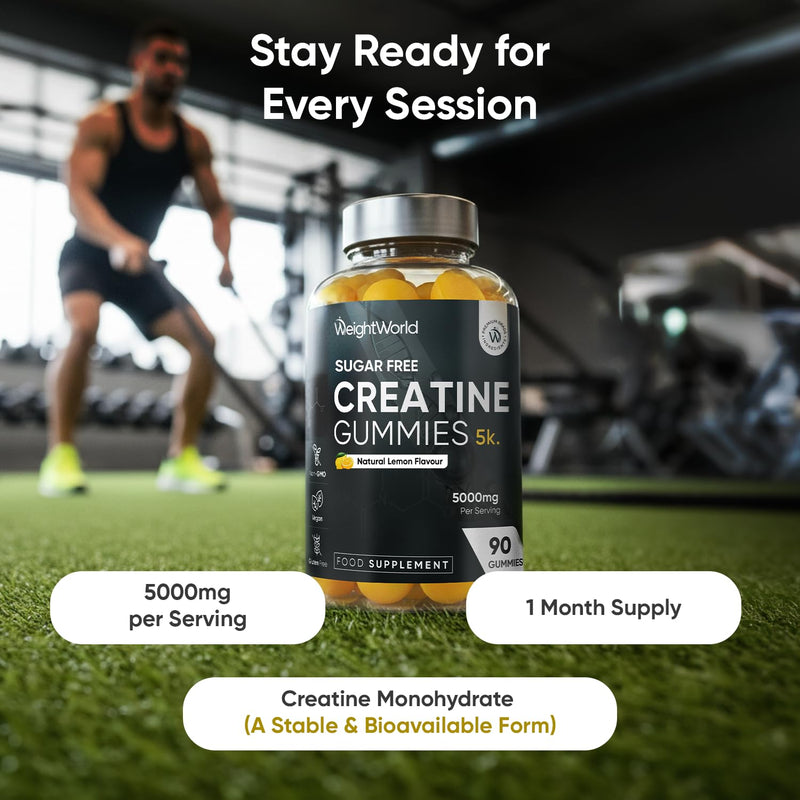 Creatine Gummies for Women & Men - 5000mg - Sugar-Free - 90 Gummies - Natural Lemon Flavour - Vegan-Friendly Creatine Monohydrate Supplement - 1 Month Supply - Non-GMO & Gluten-Free