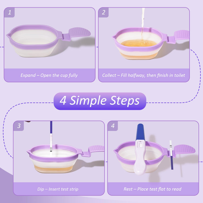 Foldable Urine Collection Cup with Test Rest Slot | Reusable pee cup for ovulation & pregnancy tests. Non-slip handle, portable & collapsible for home fertility testing. Purple
