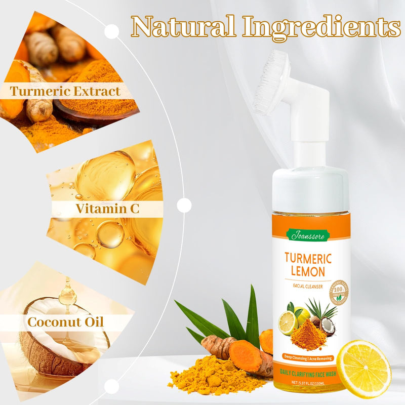 2PCS Turmeric Lemon Face Wash with Brush, Vitamin C Foaming Face Cleanser | Turmeric Soap Lemon Soap Deep Clean with Coconut Oil, Foaming Facial Cleanser for All Skin, 150g/5.07 FL Oz x2