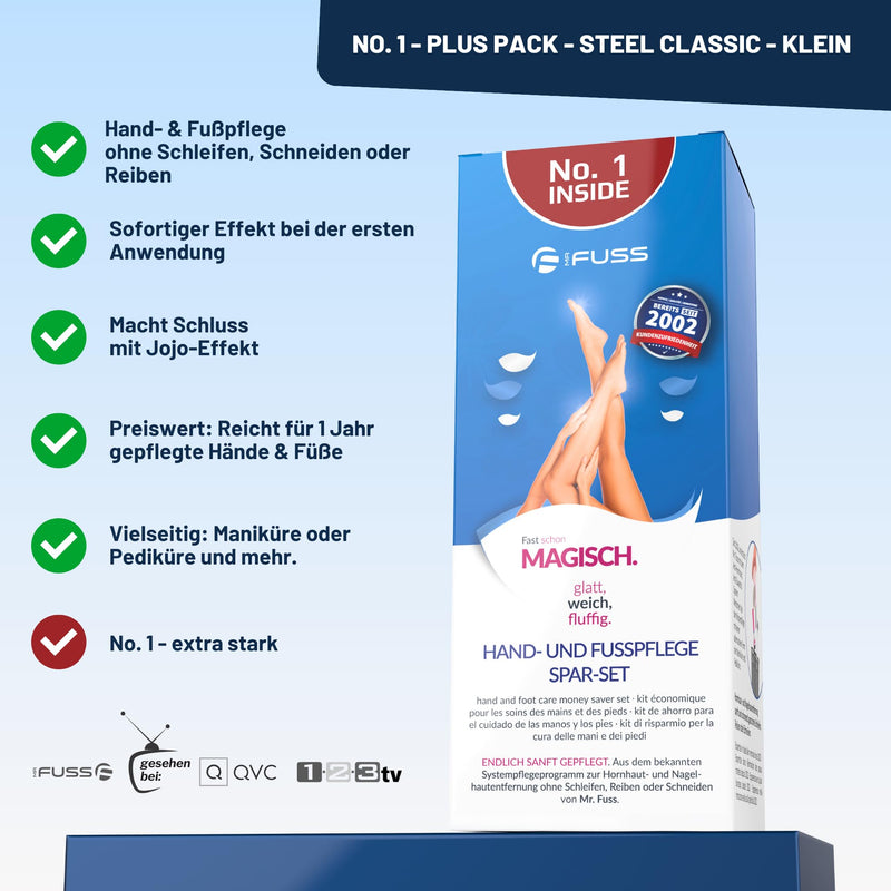[Australia] - Mr. Fuss® No. 1 - Plus Pack Steel Classic Foot Care Callus Remover Cuticle Remover Economy Pack 3 Pieces, Active Solution Quick & Strong Softening - Standard, 200 ml, cotton wool, callus scraper 