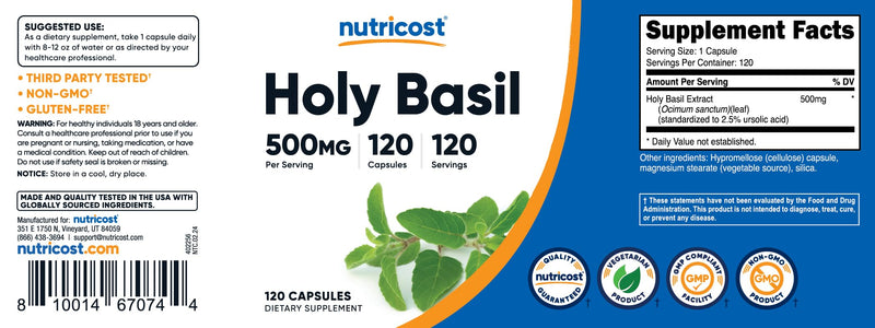 [Australia] - Nutricost Holy Basil Capsules 500mg, 120 Vegetarian Capsules - Gluten Free, Non-GMO 