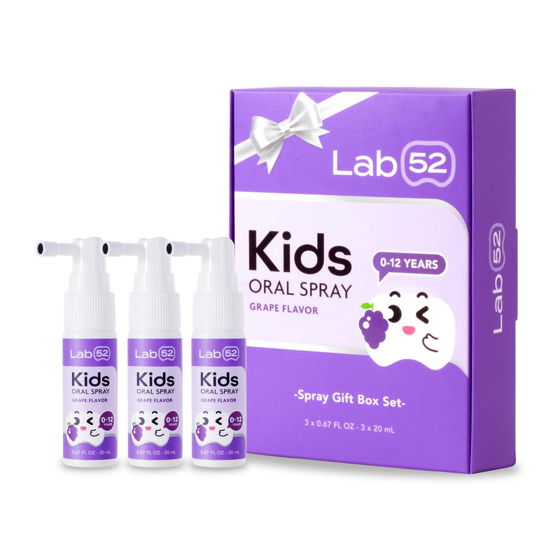 LAB52 Kids Oral Spray Gift Box, Toddler Toothpaste Helper for Daily Oral Care and Fresh Breath, Children Approved with Fluoride Free for Newborn to Preschoolers, Xylitol Grape Flavor (3 Packs) C. Gift Box - Grape