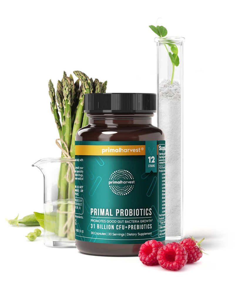 [Australia] - Primal Harvest PREbiotics and PRObiotics for Women & Men, 30 Oral Capsules for Gut Health, 12 Dynamic Strains 30 servings (1 Pack) 