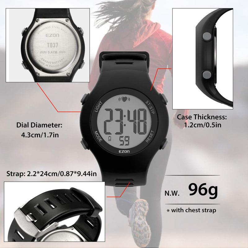 [Australia] - EZON T037 Sports Wristwatch Digital Heart Rate Monitor Outdoor Running Watch Alarm Chronograph with Chest Strap 
