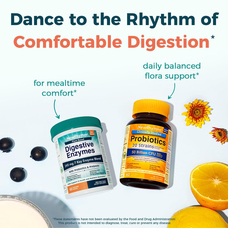 [Australia] - NewRhythm Digestive Enzymes 245 mg, with Probiotics and Prebiotics, Plant Based, 7 Key Enzymes, Digestion, Nutrient Absorption, Protease Amylase & Lipase, 60 Vegan Capsules 