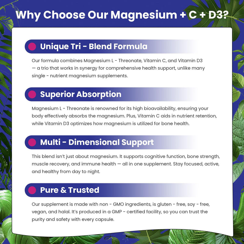 Magnesium L-Threonate Vitamin C & D3, 120 Capsules| High Absorption Magnesium for Brain Health, Focus, Calm & Sleep Support | Non-GMO, Gluten Free, Vegan Supplement for Men & Women