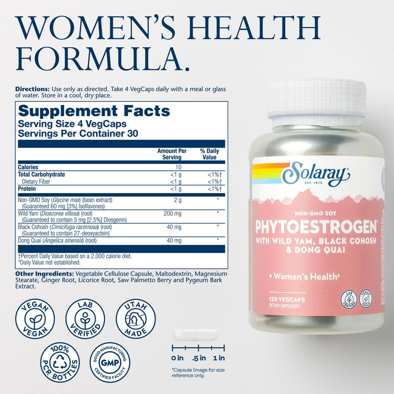 [Australia] - SOLARAY PhytoEstrogen Menopause Supplements - Wild Yam, Black Cohosh, and Dong Quai Estrogen Pills for Women's Health - Vegan, Lab Verified, 60-Day Guarantee (30 Servings, 120 VegCaps) 120 Count (Pack of 1) 