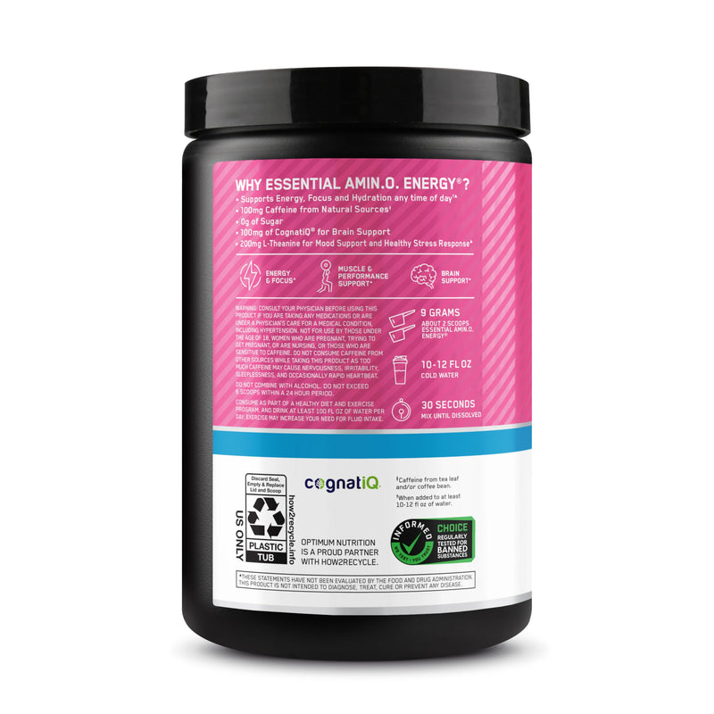 Optimum Nutrition, Amino Energy Powder Plus Focus, with Bcaa, Electrolytes, and Caffeine, Watermelon, 30 Servings | Contains BCAAs, Electrolytes, 100 mg Caffeine, 5g Amino Acids, Zero Sugar, Supports Hydration, Banned Substance Tested