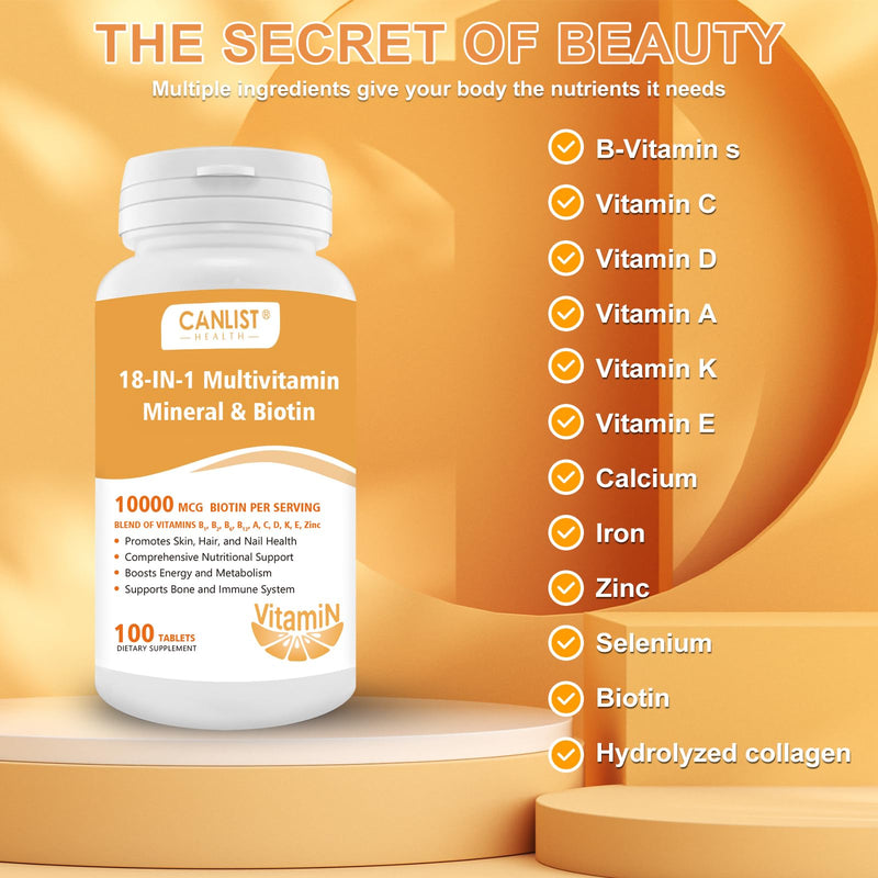 CANLIST Hair Skin and Nails Multi-Vitamin for Men & Women, 10000mcg Biotin & Multimineral, Contains B-Vitamins, Vitamins C, E & D3, Trace Minerals, Zinc, Gluten-Free, Dairy-Free, Soy-Free, 100 Tablets
