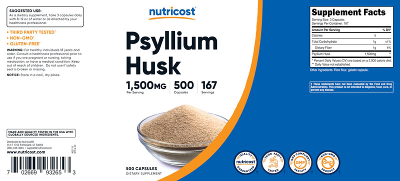 Nutricost Psyllium Husk 1500mg Per Serving, 500 Capsules - Non-GMO & Gluten Free 500 Count (Pack of 1)