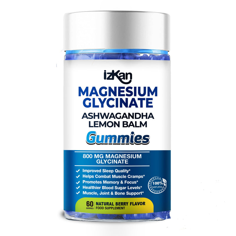 Magnesium Glycinate Gummies 800mg - Sugar Free Magnesium Supplement with Ashwagandha, Lemon Balm Extract & CoQ10 for Sleep, Stress & Muscle Relief & Nerve Health - 60 Gummies (Blueberry Flavor) (1) 1