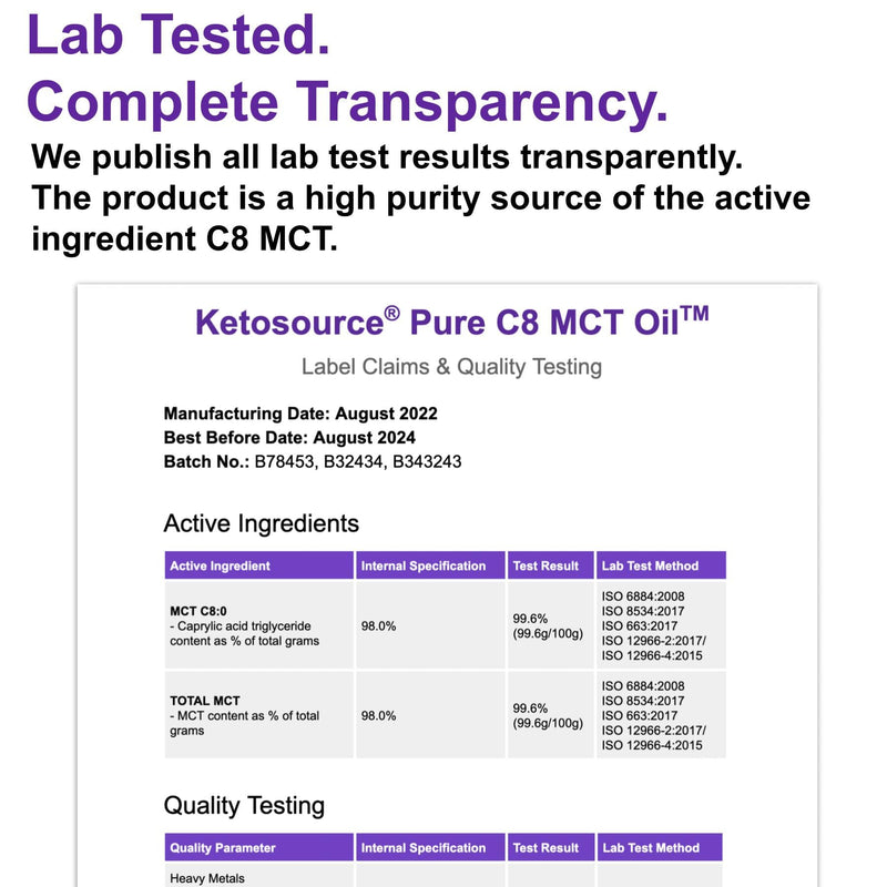 Ketosource Pure C8 MCT Oil | Boosts Ketones 4X Versus Other MCTs | Highest 99%+ Purity | 100% Coconut | Keto Diet, Fasting, Vegan Safe & Gluten Free | Premium Lab Tested Purity | Caprylic Acid | 500ml 500 ml