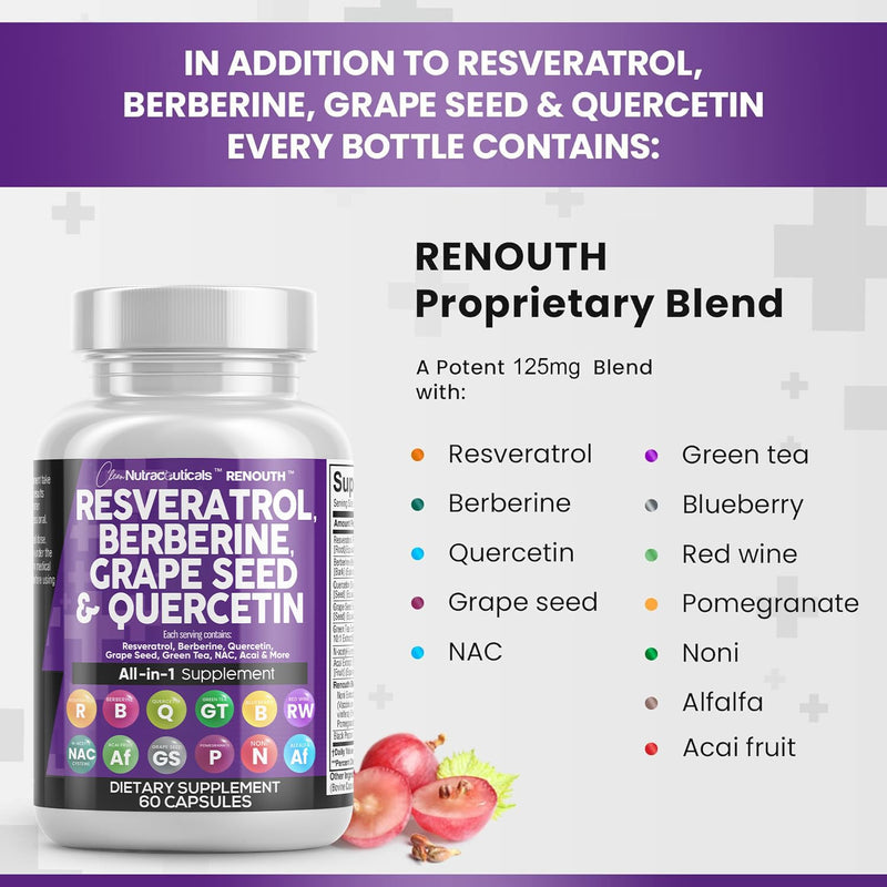 [Australia] - Resveratrol 6000mg Berberine 3000mg Grape Seed Extract 3000mg Quercetin 4000mg Green Tea Extract - Polyphenol Supplement for Women and Men with N-Acetyl Cysteine, Acai Extract - 60 Capsules 