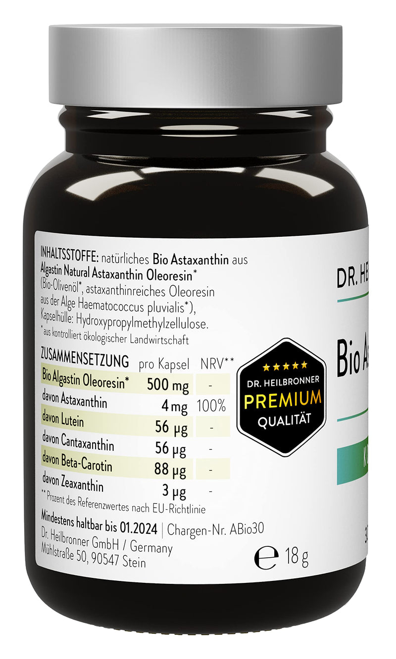 [Australia] - Dr. Heilbronner organic astaxanthin 4 mg capsules in a glass bottle I antioxidants from the vital alga Haematococcus Pluvialis I premium supplements carotenoid capsules vegan gluten-free and lactose-free 
