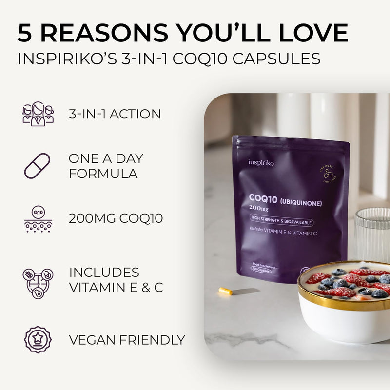 CoQ10 Supplement (4-Month Supply) Coenzyme Q10 Ubiquinone High Strength 120 Vegan Capsules with Vitamin C and E - 200mg, No Synthetic Additives, Made in UK