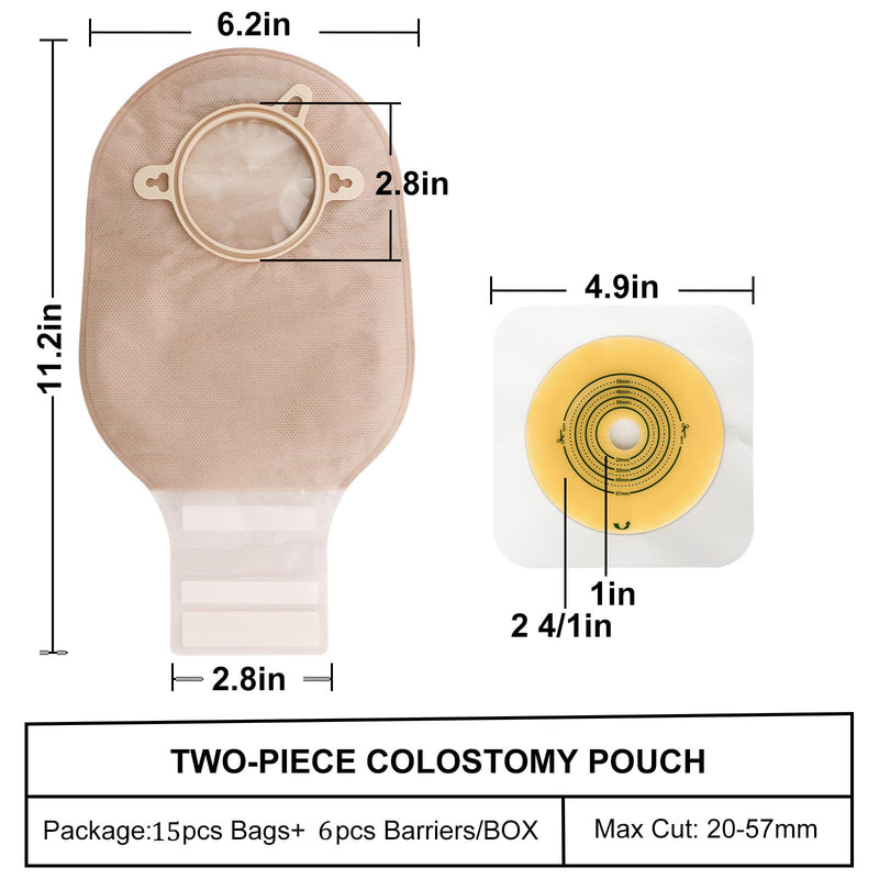 [Australia] - VLOOKUP 21 PCS Colostomy Bags,Ostomy Supplies,Two-Piece Drainable Pouches with Closure for Ileostomy Stoma Care, Cut-to-Fit(15pcs Bags+6pcs Barriers) 15+6pcs Two-piece Ostomy Bag 