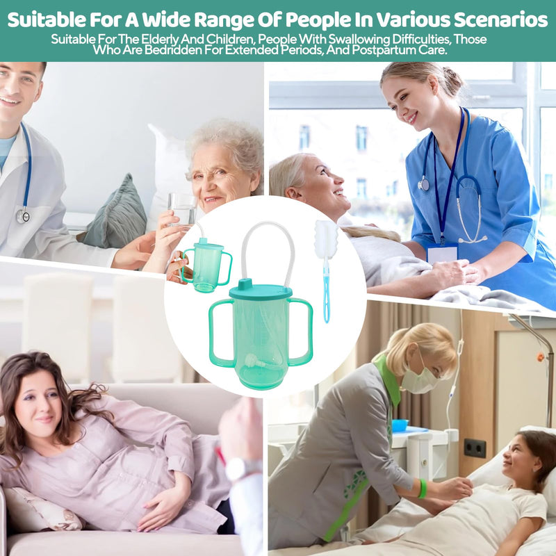 Beakers for Elderly,350ml Adult Sippy Cups for The Elderly Non Spill with Straw,Brush and Lid,Double Handles Spill-Proof Sippy Cups for Bedridden Elderly,Pregnant Women and Patient,Preventing Choking