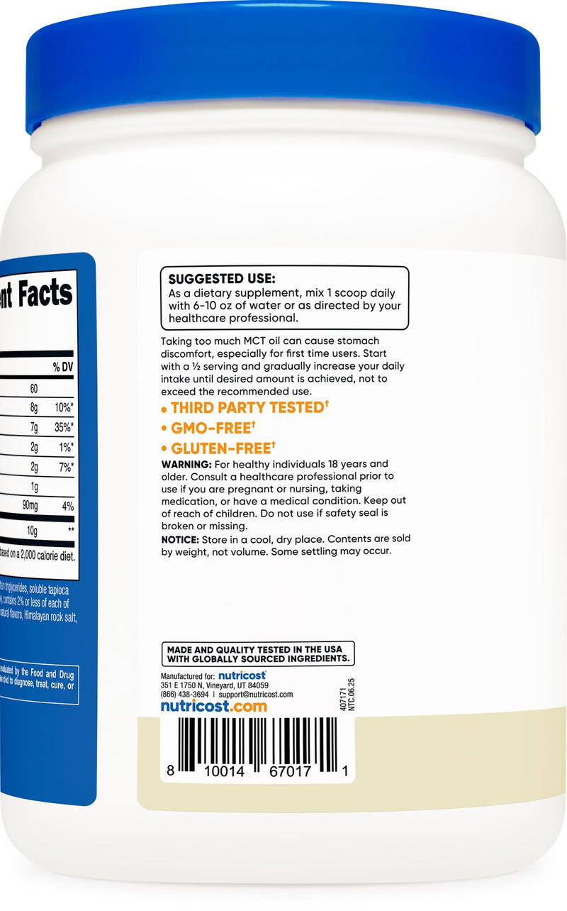 [Australia] - Nutricost Premium MCT Oil Powder (1 LB, Vanilla) - Best for Keto, Ketosis, and Ketogenic Diets - Zero Net Carbs, Non-GMO and Gluten Free, Medium Chain Triglyceride 