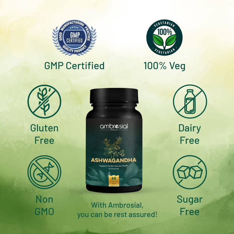 Ashwagandha 500mg 120 Tablets | Herbal Supplement | 100% Natural & Vegan | High Strength | Immunity Support | By Ambrosial 60 count (Pack of 2)