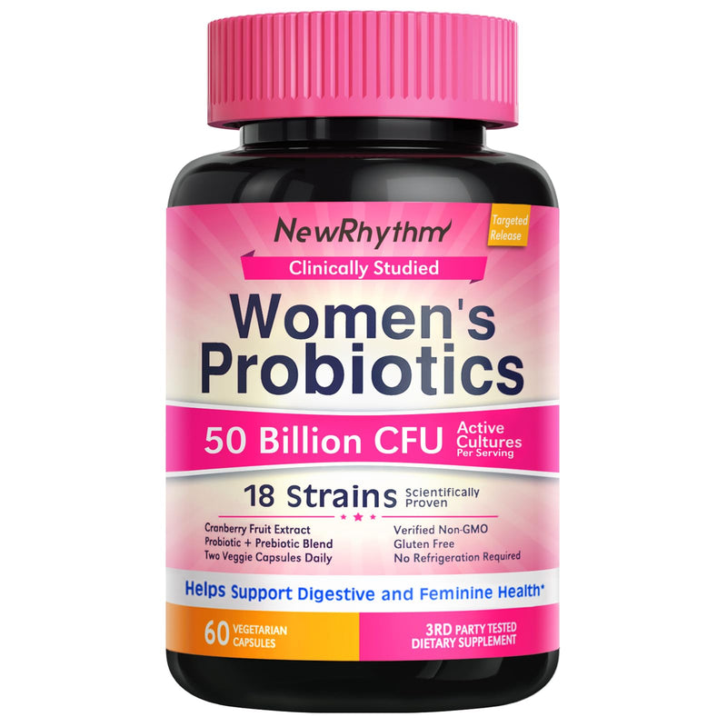 NewRhythm Women's Probiotics, Organic Cranberry for Feminine Health, 50 Billion CFU 18 Strains, Probiotics with Prebiotics, No Refrigeration Needed, 60 Vegan Capsules 50 Billion CFU (60 Count) Women's Probiotics