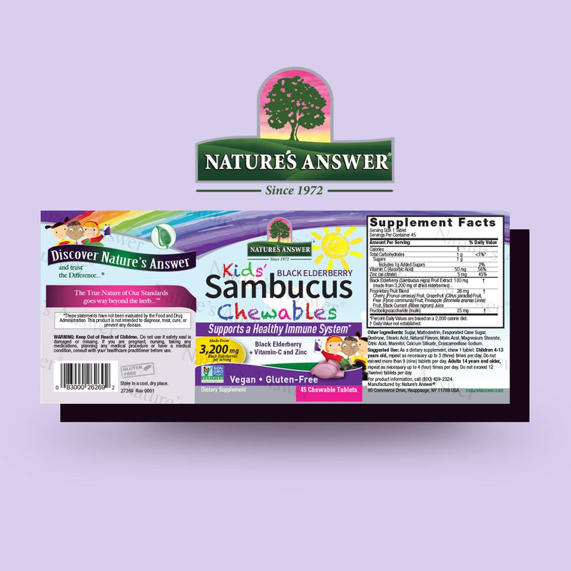 Nature's Answer Kids Sambucus Chewables 3200 mg, 45 Tablets - Black Elderberry with Vitamin C and Zinc - Great Tasting Immune System Support - Vegan, Gluten Free | Black Elderberry with Vitamin C and Zinc, Great Tasting Immune System Support, Vegan, Gl...