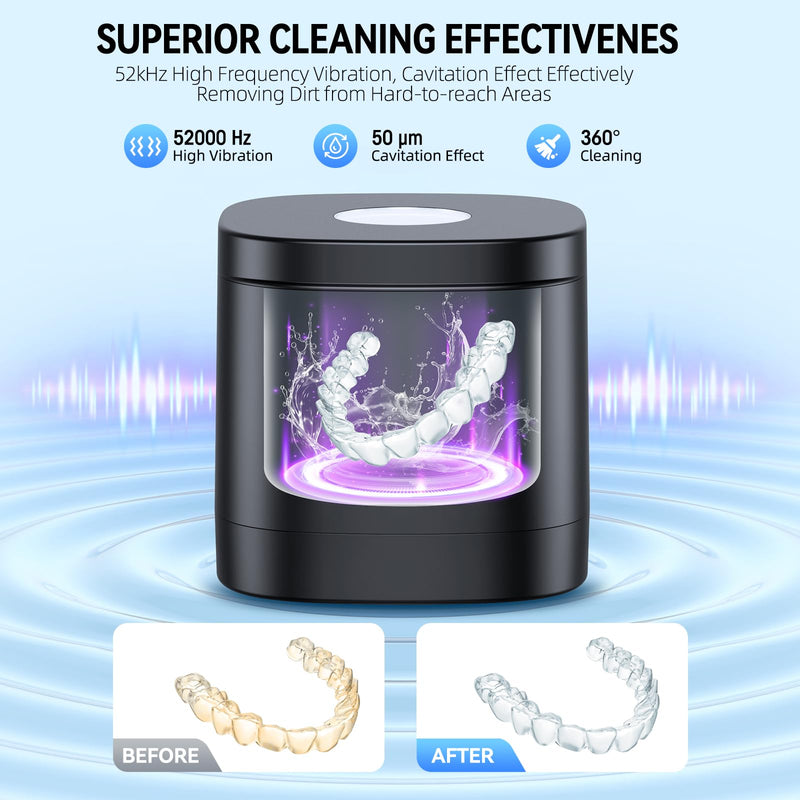 [Australia] - TEBAL Ultrasonic Retainer Cleaner Machine, 52kHz Ultrasonic Denture Cleaner for Night Guards, Braces, Toothbrush Heads, Jewelry and More, Ultrasonic Cleaner for Retainers with 250ML Capacity, Black 