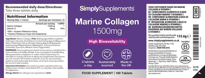 High Strength Marine Collagen | Supports Healthy Skin, Joints & Bones | with Vitamin C for Collagen Formation | 180 Tablets = 60 Days’ Supply | Made in The UK in Accordance with GMP Standards. Unflavoured 1 count (Pack of 180)
