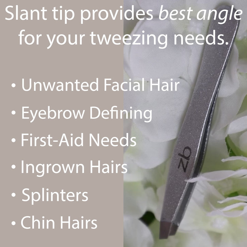 Zizzili Basics Tweezers - Surgical Grade Stainless Steel - Slant Tip for Expert Eyebrow Shaping and Facial Hair Removal - with Bonus Protective Pouch - Best Tweezer for Men and Women Silver