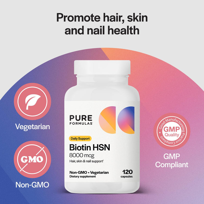 PureFormulas Biotin 8000 mcg Hair Skin Nails Biotin Supplement Biotina, Biotin Hair Growth Vitamins B7 Supplement for Women & Men 120 Capsules 120 Count (Pack of 1)