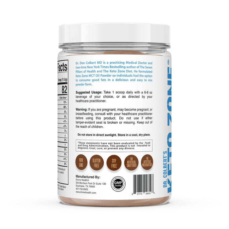 [Australia] - Divine Health Dr. Colbert's Keto Zone MCT Oil Powder | Dutch Chocolate Flavor | 70% C8 | 30% C10 | All Natural Keto Approved for Ketosis | 0 Net Carbs | Gluten Free | 30 Day Supply | 348g | 12.28 Ounce (Pack of 1) 