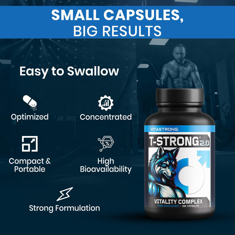 T-Strong 2.0 Vitastrong, Maca Root Vitality Complex Vegan, Arginine, Taurine, Zinc, High Strength Men Supplements, 120 Extra-Strong Maca Root Capsules +Fenugreek Ginkgo Ginseng Vitamin B6