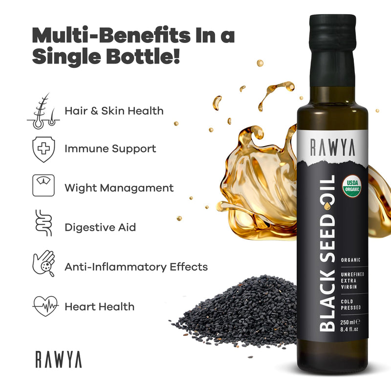 [Australia] - Black Seed Oil, Organic, 8.4 Fl Oz, RAWYA, Extra Strong Taste, High TQ, Cold Pressed, Glass Bottle, Nigella Sativa Oil, Non-GMO, Black Cumin Seed Oil, also known as Kalonji Oil, Nigella Oil 