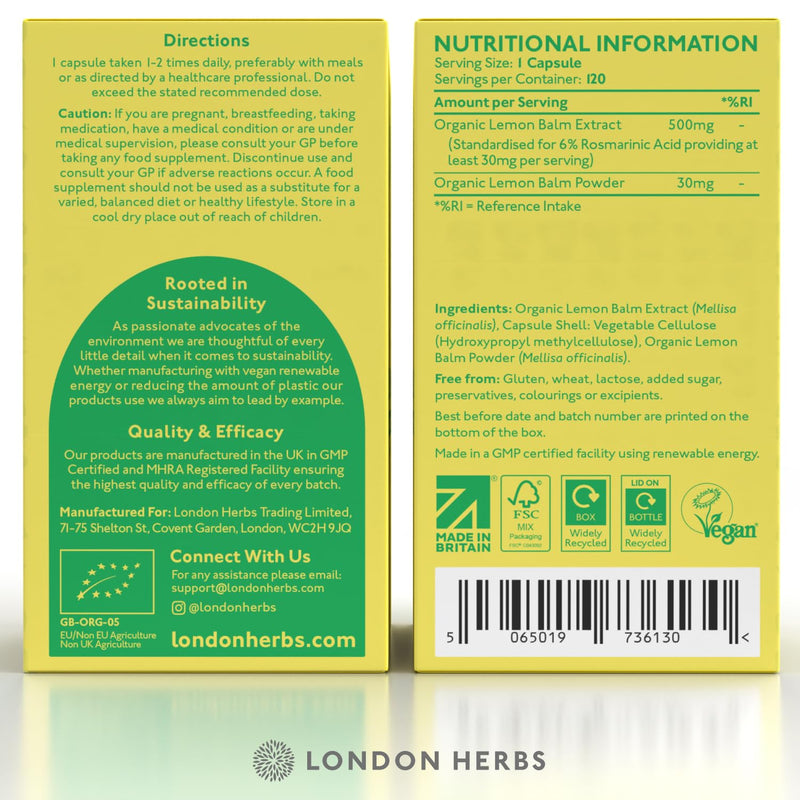 Organic Lemon Balm Extract | Standardised for 6% Rosmarinic Acid | 120 Vegan Lemon Balm Capsules (Melissa officinalis Leaf Extract) Made in The UK 120 count (Pack of 1)