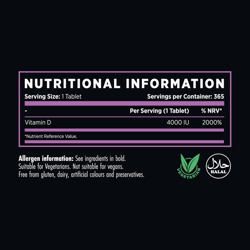 Refined Nutrition Ultra Vitamin D3 4000 IU | 365 Tablets for a 1 Year Supply | High Strength Supplement for Immune System & Muscle Function | Halal & Vegetarian | Made in UK