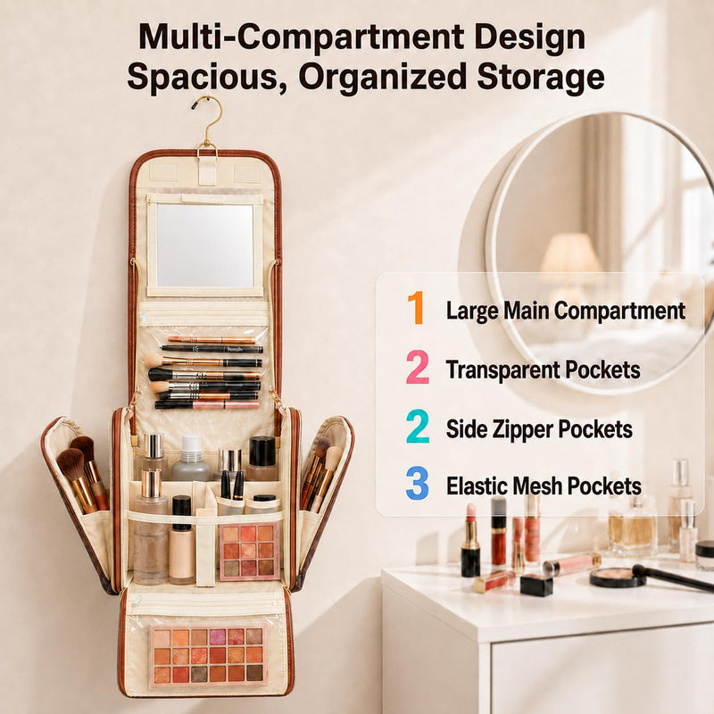 Women Travel Toiletry Bag Large Hanging Toiletry Bag with Mirror | Leather Makeup Bag Organizer with Removable Partition & Hook,Travel Cosmetic Organizer for Full-Size Toiletries Accessories Brown