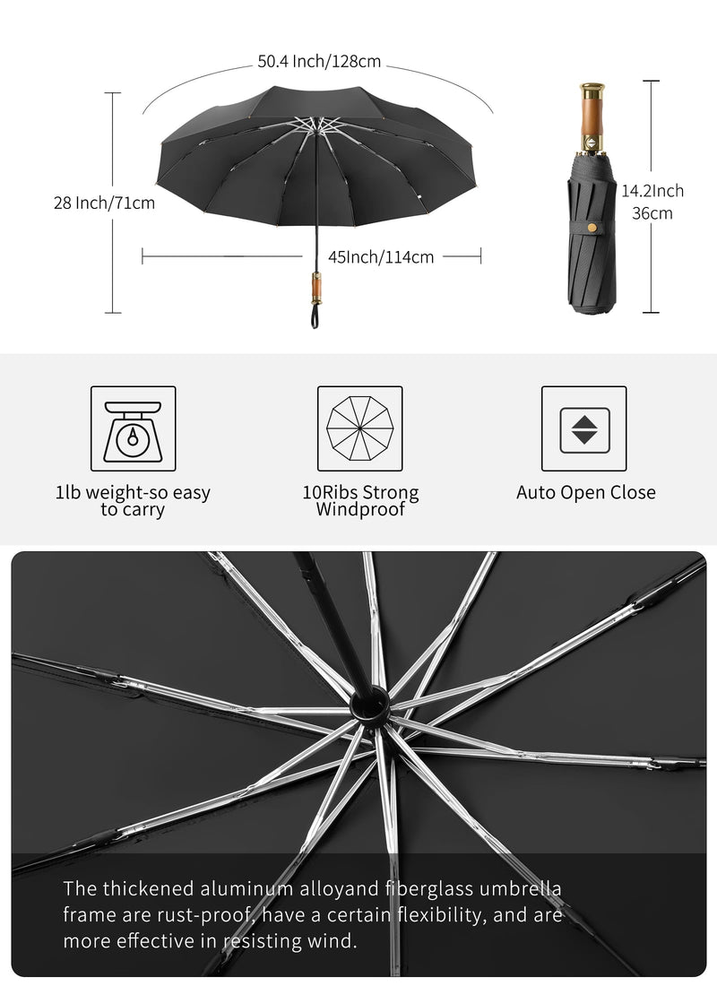 Rain Cats Large 45/50 Inch Umbrellas for rain Strong10 Ribs Fiberglass Umbrella Windproof Wabig Compact Automatic portable Folding Travel Thick Fabric Wood handle A-Olive 41 inches in diameter