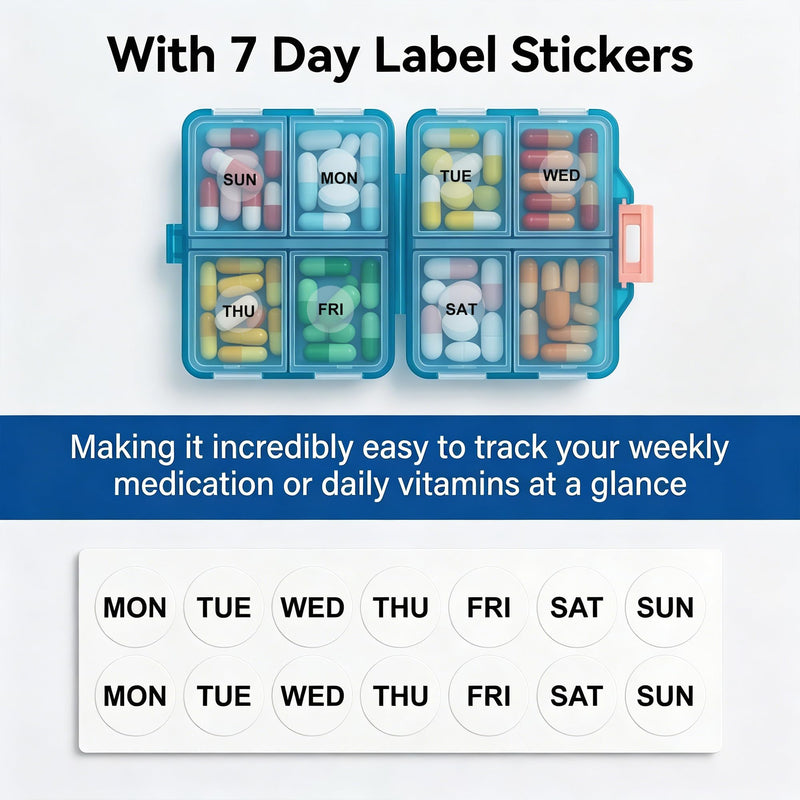 Foldable Weekly Pill Organizer Travel Small Pill Box with Labels (Blue) | 8 Compartments with 7-day Stickers, Compact Size Fits Purse Pocket, for Vitamins and Medication Daily Blue