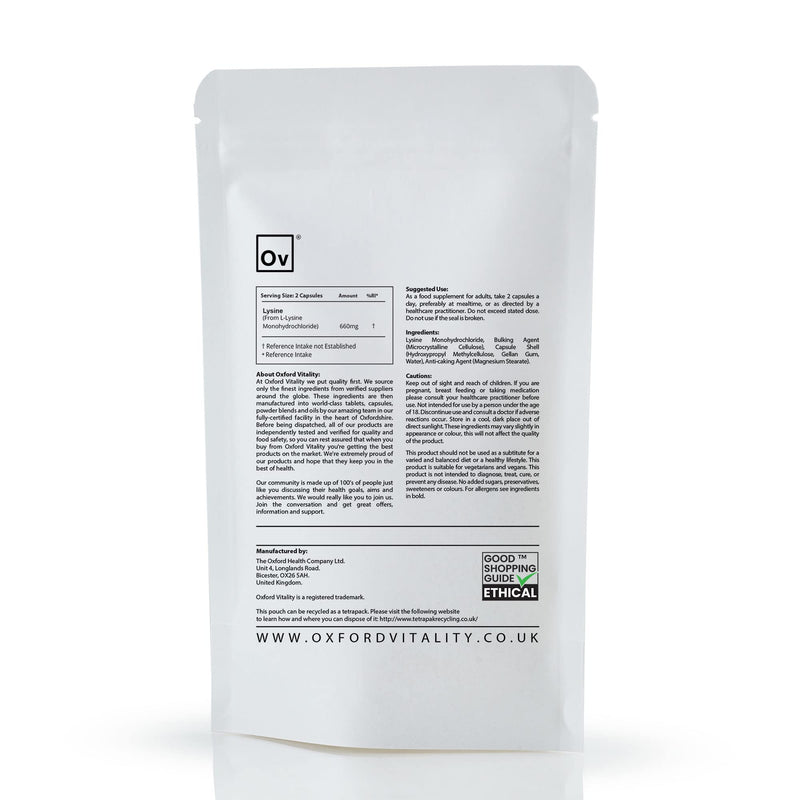 Oxford Vitality Lysine 660mg Capsules | Essential Amino Acid for Collagen Formation Protein Metabolism Immune Support and Tissue Repair | High Strength L-Lysine | Pack of 120 500 count (Pack of 1)