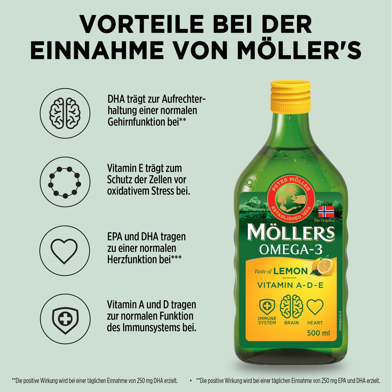 [Australia] - Möller's Omega 3 cod liver oil | Nordic Omega 3 nutritional supplement with EPA, DHA, vitamin A, D, E | Superior Taste Award | Highly pure natural | 165 year old brand | lemon | 500 ML 500 ml (pack of 1) 